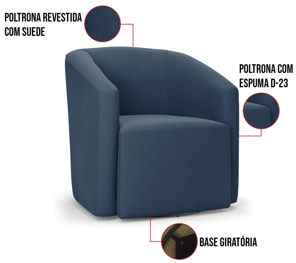 Poltrona Decorativa Base Giratória Stella Max Suede D03 - D'Rossi - Azul Marinho