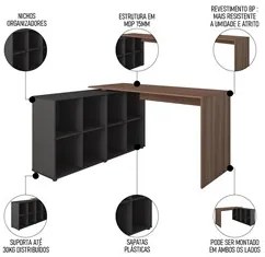 Mesa Escrivaninha em L Eron e Estante Livreiro 90x187cm Lean A06 Ipê/P