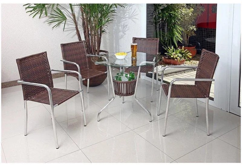 Conjunto de Mesa Jardim Alumínio Fibra 4 Cadeiras Área Externa Castanho