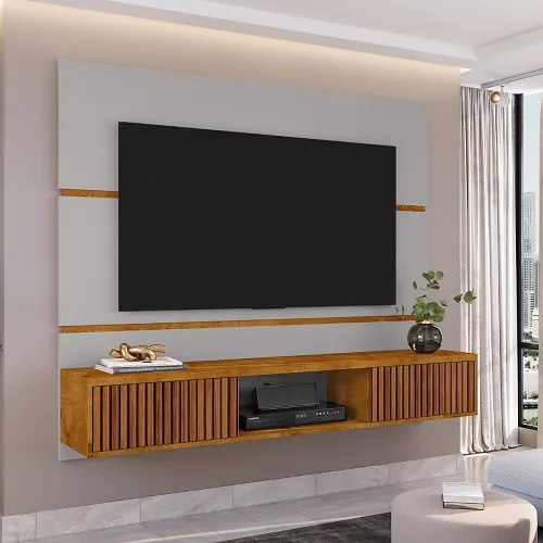 Painel Para TV Âmbar Off White Com Naturalle Ripado – Bechara Móveis