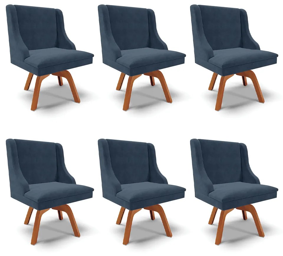 Kit 6 Cadeiras Decorativas Sala de Jantar Base Giratória de Madeira Firenze Suede Azul Marinho/Natural G19 - Gran Belo