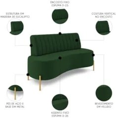 Sofá 2 Lugares 135cm Pés Aço Dourado Tamar Veludo Verde Z08 - Mpozenat