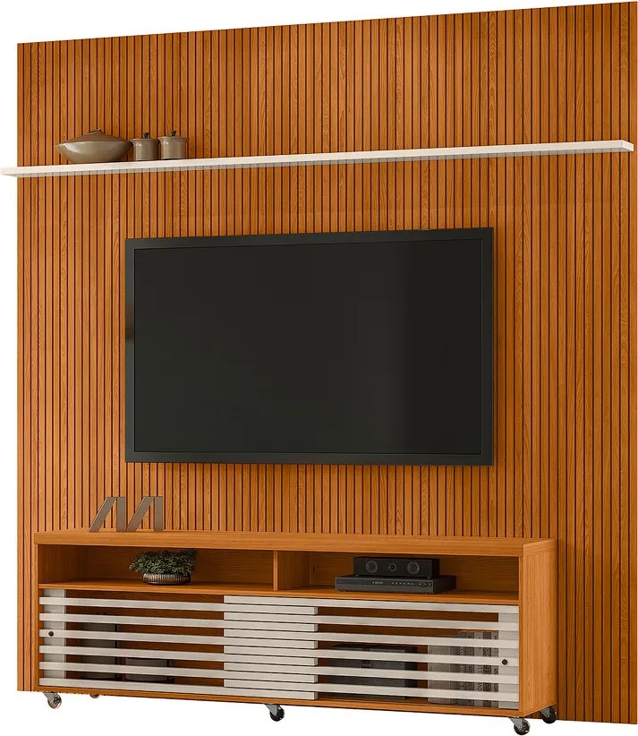 Painel TV 75 Pol 238cm Ripado Kalven com Rack Bancada Nerion M20 - D'Rossi - Cinamomo(fosco)/Off White(brilho)