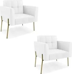 Poltrona Sala Pé Metal Dourado Kit 2 Ana Sintético Branco - Ibiza