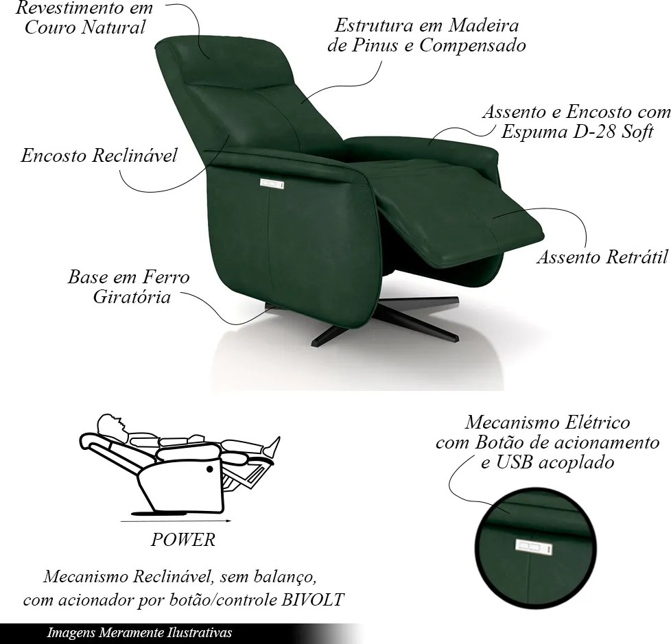 Poltrona do Papai Reclinável Power Elétrica Anakin Base Estrela Giratória USB Couro Verde G76 - Gran Belo