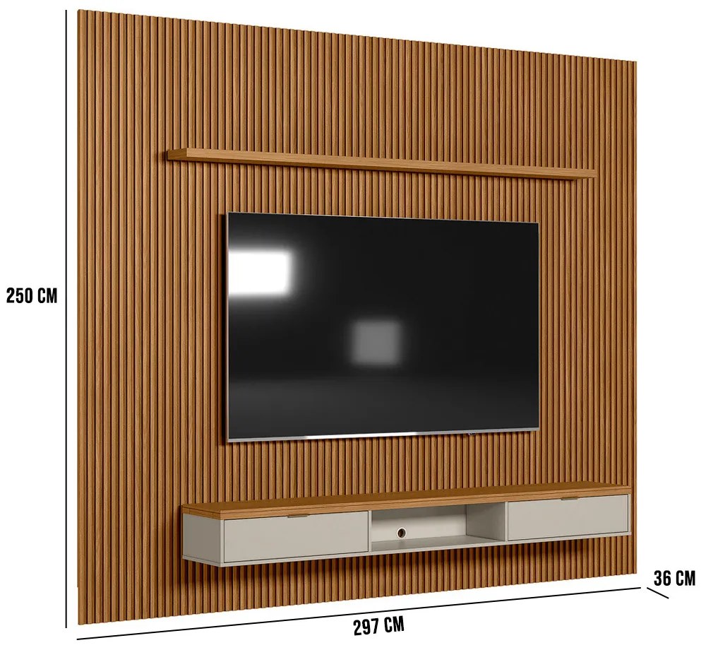 Painel para TV até 75 Polegadas Ripado Marisa com Nicho Bancada Nature e Off White 297x250 cm L04 - D'Rossi
