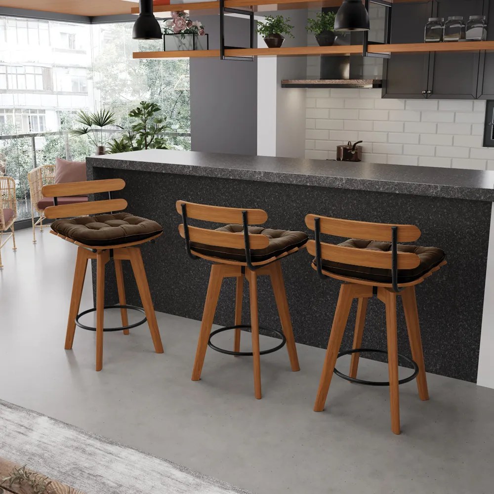 Banqueta Giratória Costela Suede Base Madeira MA70 - DRossi - Marrom