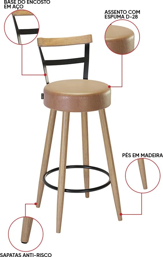 Mesa Bistrô Alta Dhalia e 2 Banquetas 50cm Kyara PU S02 - D'Rossi - Caramelo
