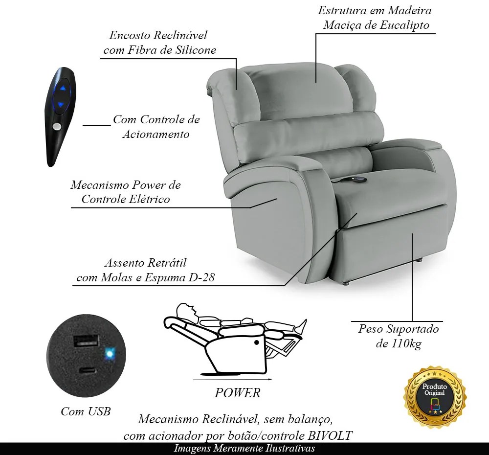 Poltrona do Papai Sala de Cinema Reclinável Kylie Controle Power Elétrico USB PU Cinza G23