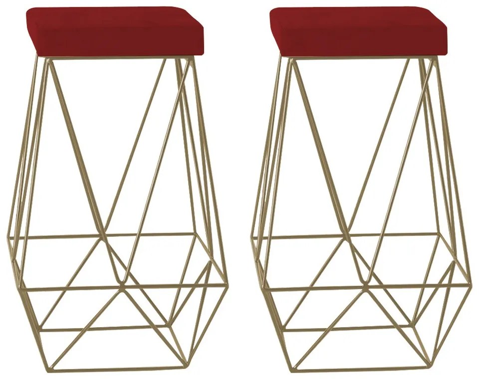 Kit 2 Banqueta Decorativa Kathy Base Gold Veludo Vermelho G41 - Gran Belo