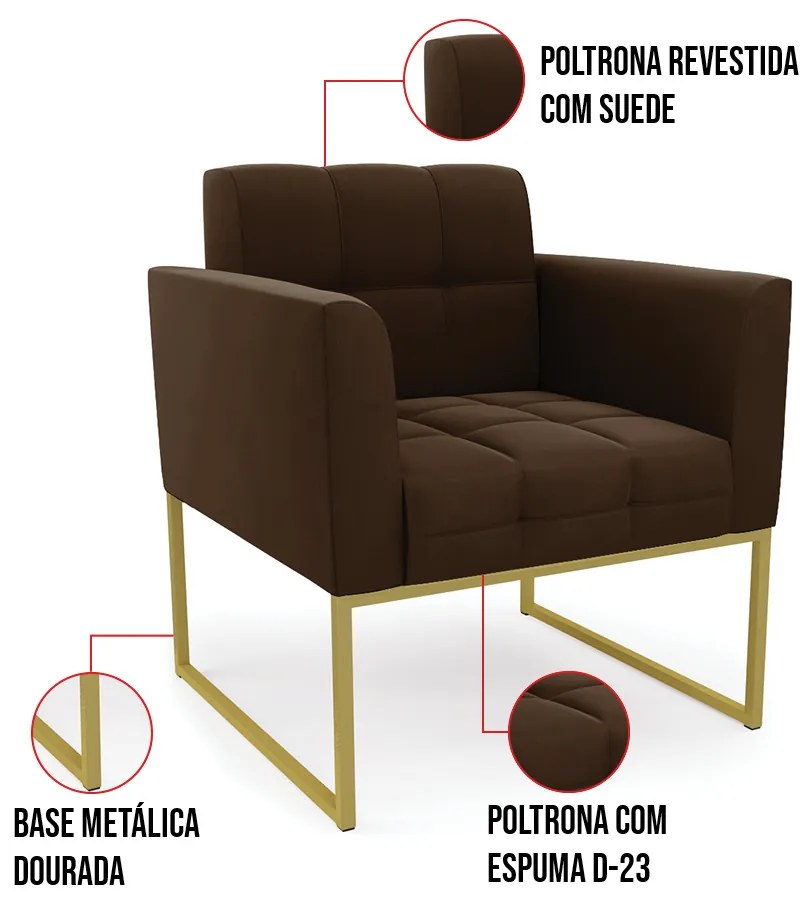 Kit 2 Poltronas Elisa Suede Base Metálica Industrial Dourado D03 - D'Rossi - Marrom