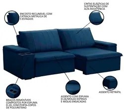 Sofá Retrátil Reclinável 3 Lugares 225cm Baluart F05 Veludo Azul - Mpo