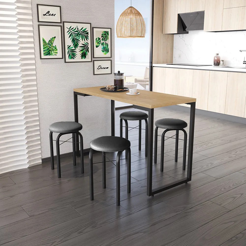 Mesa Multiuso Porto Natural 120cm com 04 Banquetas Manu Corino Preto - D'Rossi