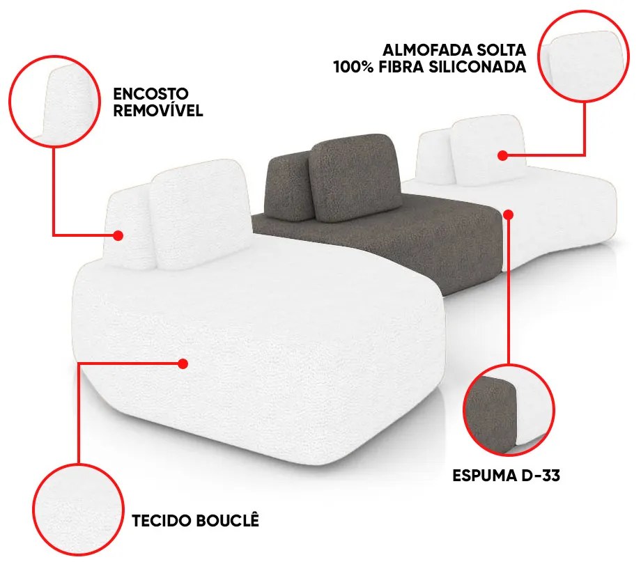 Sofá 3 Lugares Orgânico com Chaise e 2 Módulos Berlim Bouclê Off White/Grafite K01 - D'Rossi