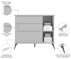 Cômoda Infantil 1 Porta 3 Gavetas 100% MDF Pés Retrô Mel Z39 Cinza - M