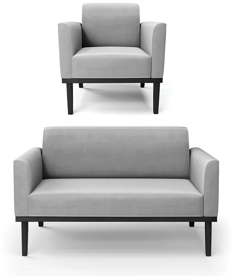 Conjunto Poltrona e Namoradeira Decorativa Isabella Pés Fixo em Madeira Preto Suede Cinza G19 - Gran Belo
