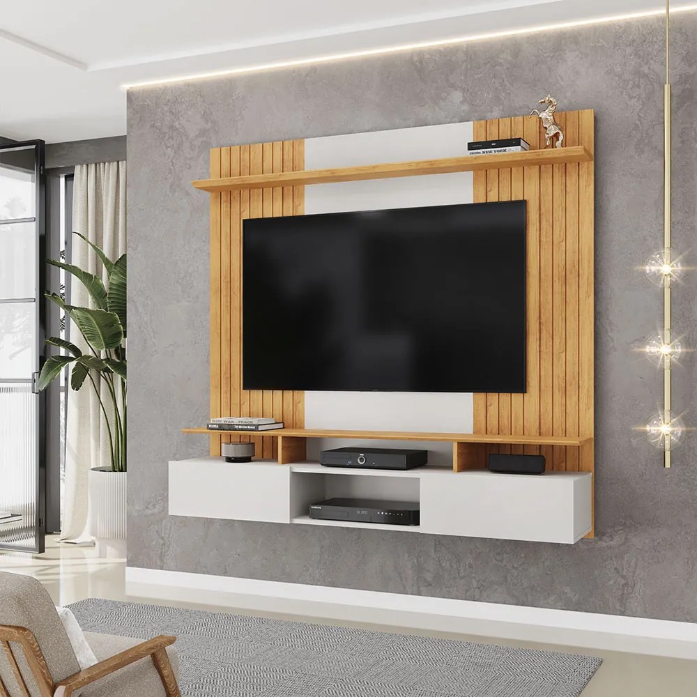 Painel Suspenso Ripado Decorativo Vilgax TV 65" Portas Basculantes Bali/Cedro G18 - Gran Belo