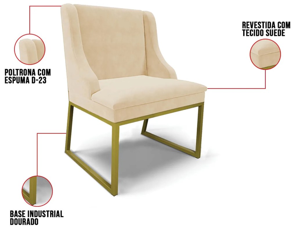 Cadeira Sala de Jantar Industrial Dourado Kit 6 Liz Suede D03 - D'Rossi - Bege