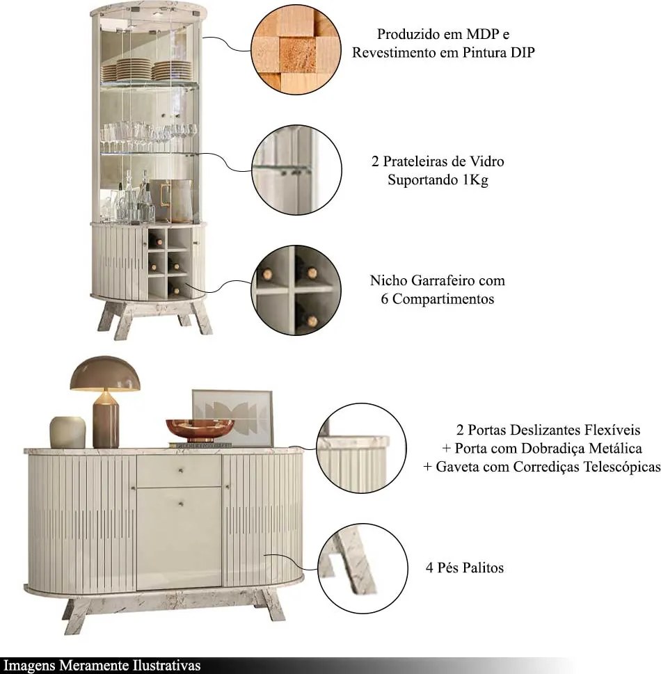Conjunto Buffet com Cristaleira Robert/Deker Iluminação Led Gavetas MDP Calacata/OffWhite G97 - Gran Belo
