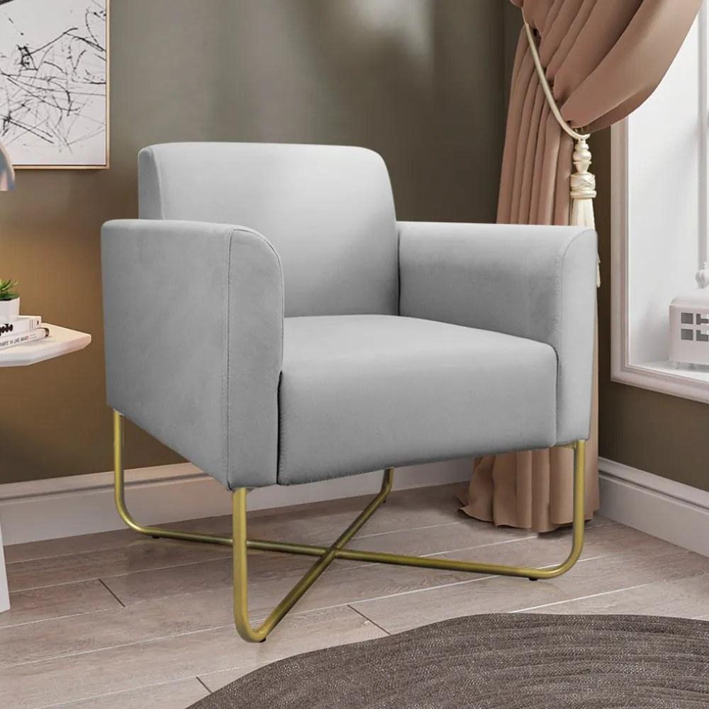 Kit 2 Poltronas Decorativas Isabella Base X Suede Cinza/Dourado G19 - Gran Belo