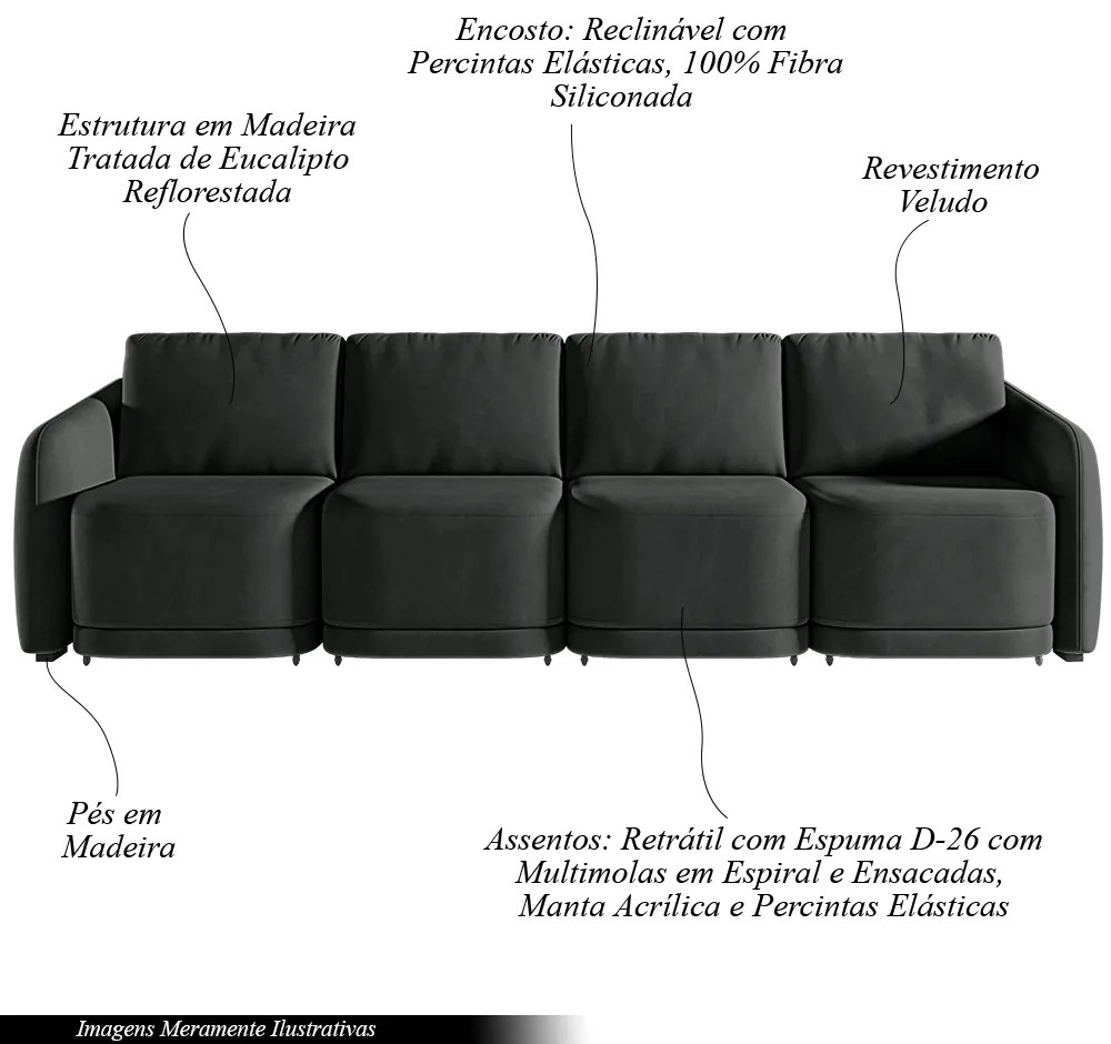 Sofá Cama Modulado Retrátil e Reclinável Decorativo Varsóvia 396cm Veludo Cinza Chumbo G33 - Gran Belo