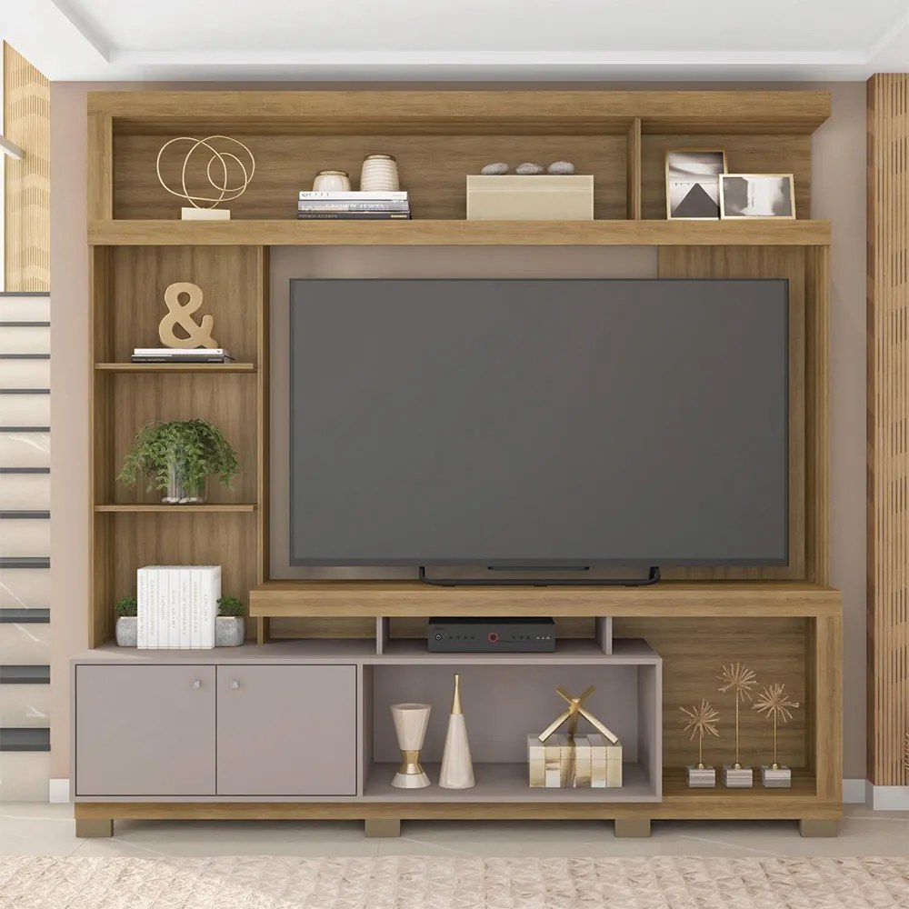 Home Estante Rio 210cm TV até 65 com Prateleiras MDP/HDF Mel/Cacao G11 - Gran Belo