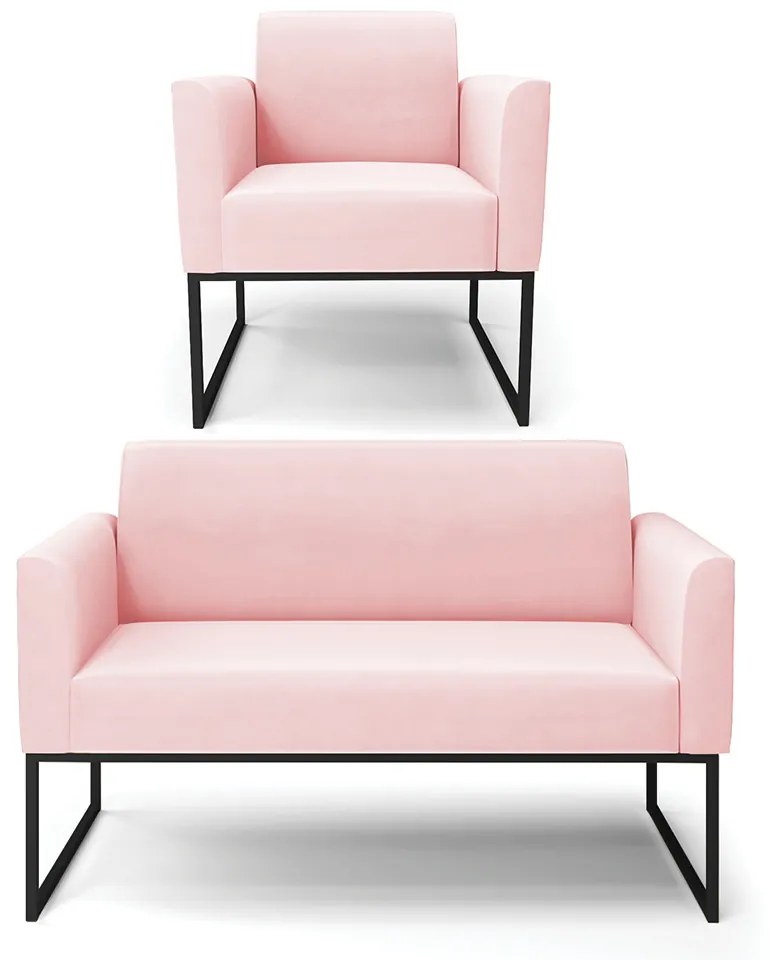 Sofá Namoradeira com Poltrona Base Industrial Preto Marisa Suede Rosa Bebê D03 - D'Rossi