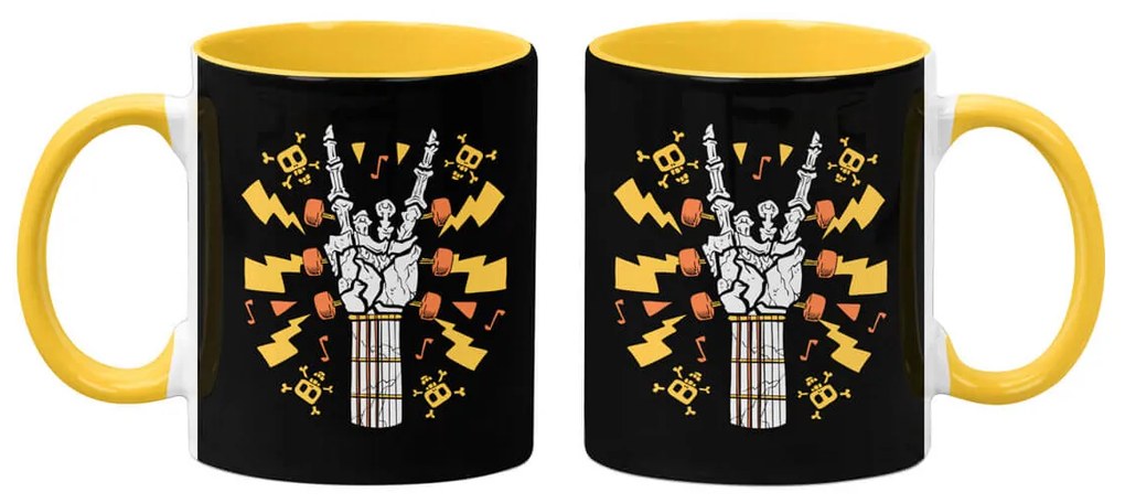 Caneca Caveira Esqueleto Guitarra Rock com Alça Amarela