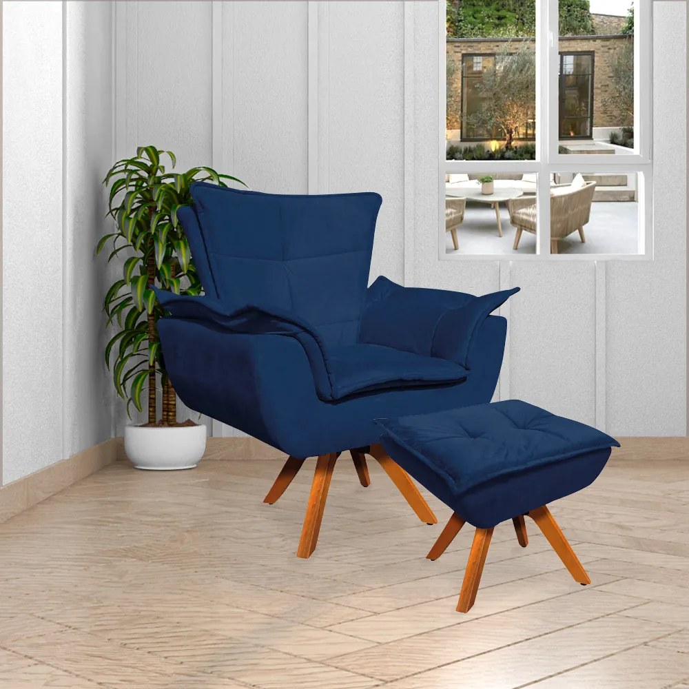 Kit 2 Poltronas Decorativas Base Giratória em Madeira Charger Suede Azul Marinho G19 - Gran Belo