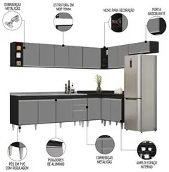 Armário de Cozinha Modulado de Canto 8 Peças CP27 com Pia Inox Preto/C