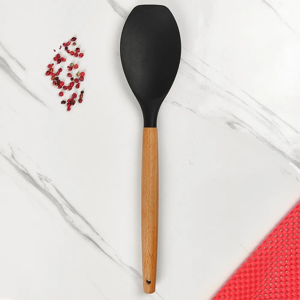 Espátula Redonda de Silicone com Cabo de Madeira - Preto