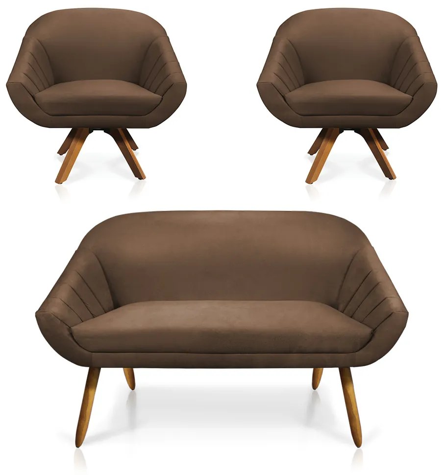 Kit 01 Namoradeira 02 Lugares e 02 Poltronas Giratória Giovana Suede Marrom Base Madeira MM30 - D'Rossi