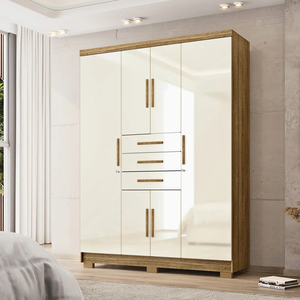 Guarda Roupa Casal Belga 6 Portas de Bater 3 Gavetas com Cabideiros Nature/OffWhite G98 - Gran Belo