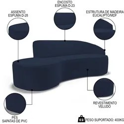 Sofá Living  4 Lugares 300cm Braço Direito Mozart D06 Veludo Azul - Mp