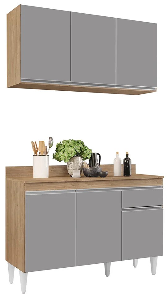 Kit Armário Aéreo e Balcão de Cozinha Lavanderia Lucy com Tampo 120 cm - D'Rossi - Castanho e Cinza