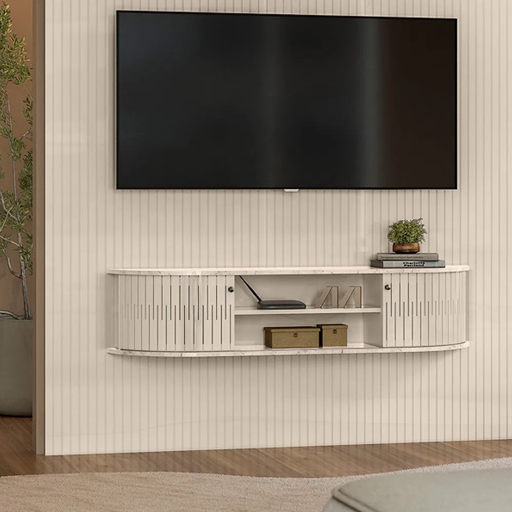 Painel TV 65 Pol 179cm Ripado Valen e Bancada Suspensa Norezi Calacata/Off White M20 - D'Rossi