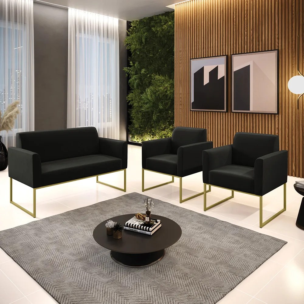 Sofá Namoradeira com 2 Poltronas Base Industrial Dourado Marisa Suede Preto D03 - D'Rossi