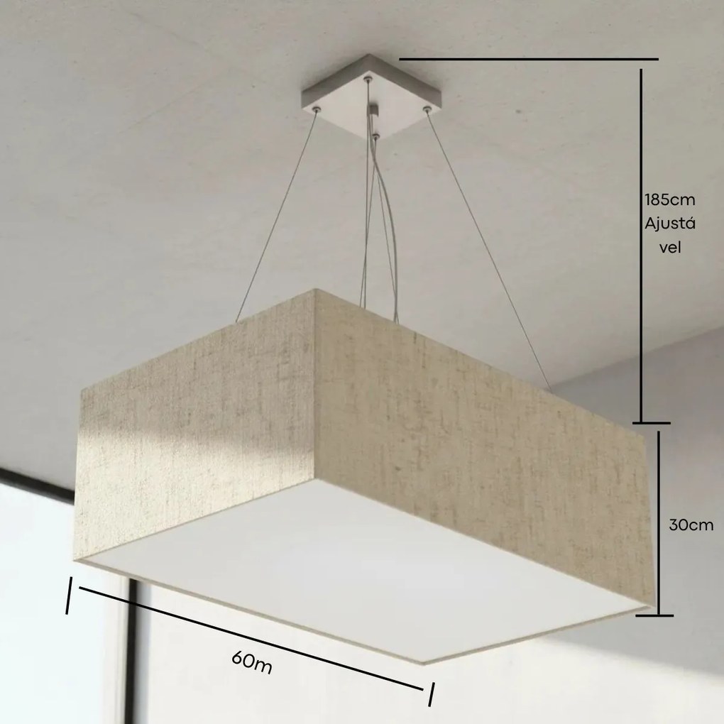Lustre Pendente Retangular Md-4372 Cúpula em Tecido 60x40cm Rustico Bege