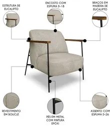 Poltrona para Sala Pés Metálicos Ellen S06 Boucle Bege - Mpozenato
