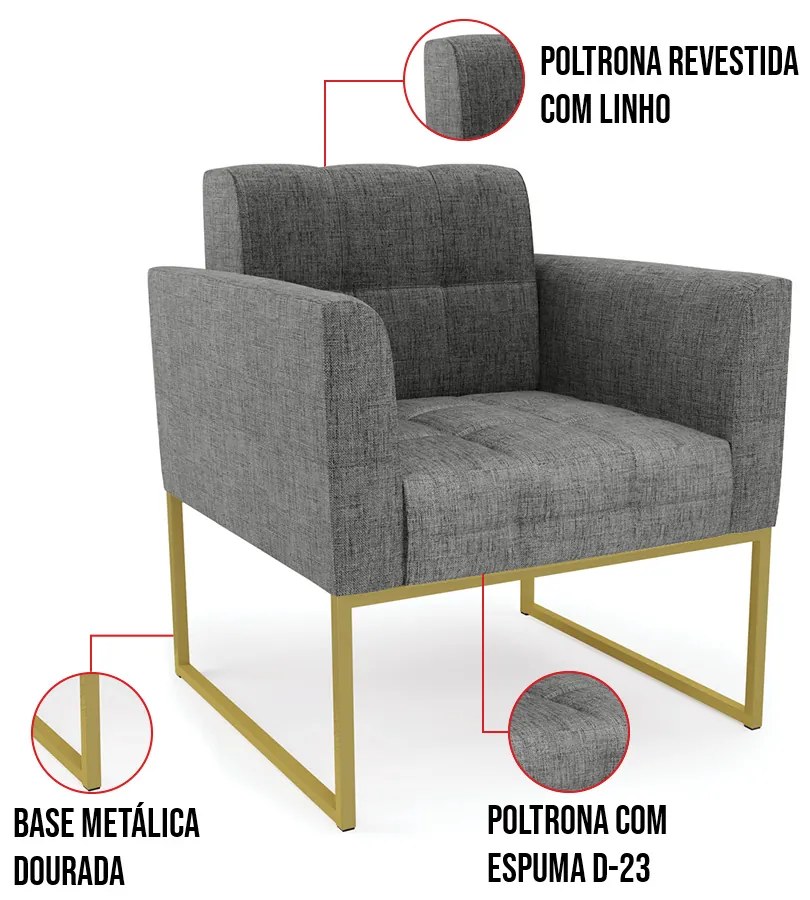 Kit 2 Poltronas Elisa Linho Base Metálica Industrial Dourado D03 - D'Rossi - A26 Grafite