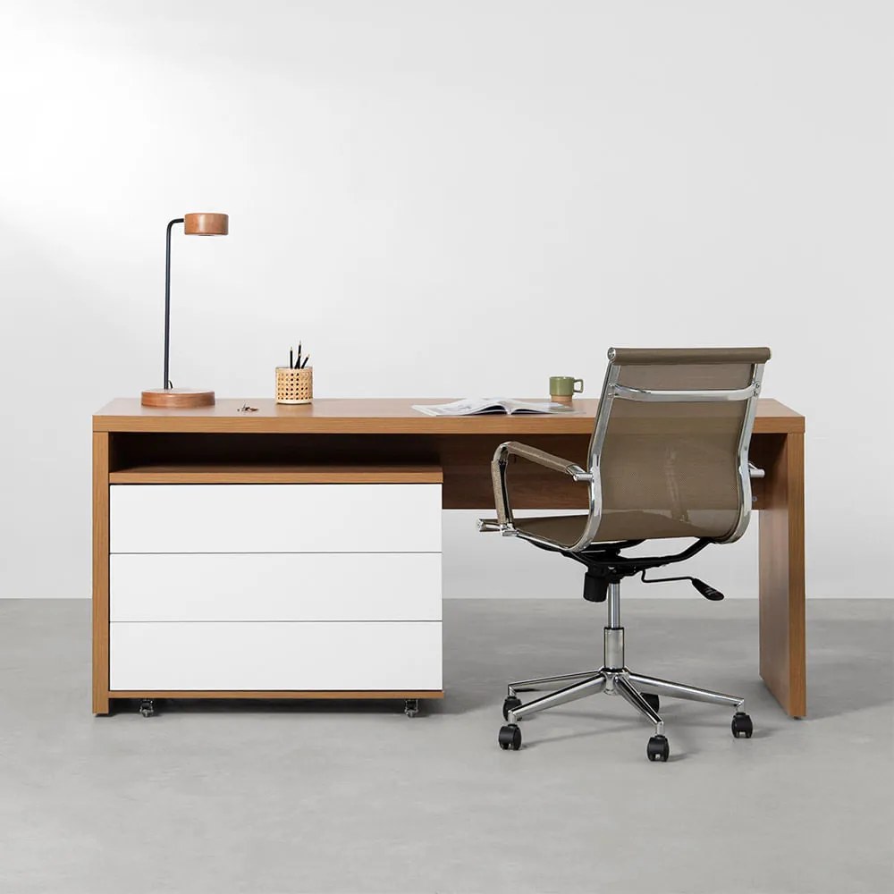 Conjunto Office - Bancada Contemporânea Louro Freijó 1,80m + Módulo Contemporâneo Louro Freijó e Branco - 85cm + Cadeira de Escritório Noruega