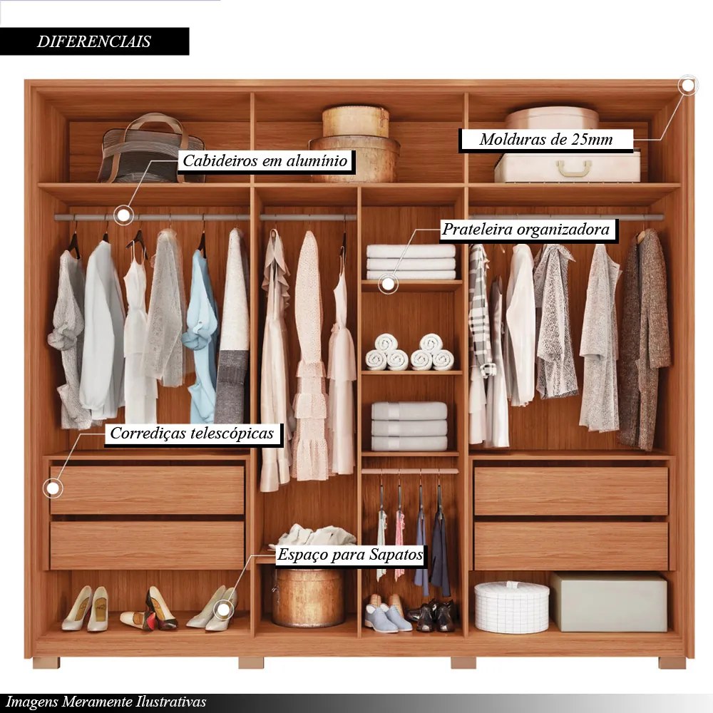 Guarda Roupa Casal Space com 6 Portas de Bater 4 Gavetas e Led MDP Freijo/OffWhite G11 - Gran Belo
