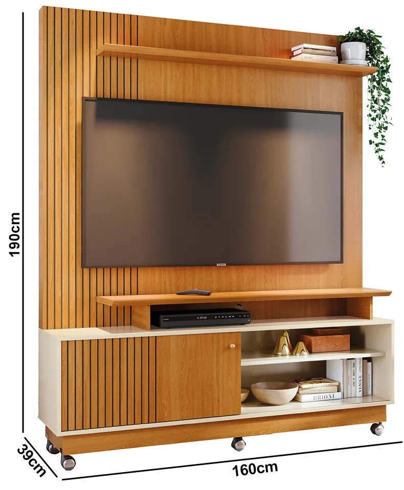 Estante de TV 65 Pol 160cm com Rodízio para Sala Quirel M20 - D'Rossi - Cinamomo e Off White