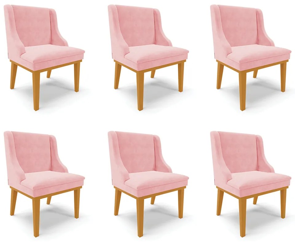 Kit 6 Cadeiras Decorativas Sala de Jantar Base Fixa de Madeira Firenze Suede Rosa Bebê/Castanho G19 - Gran Belo