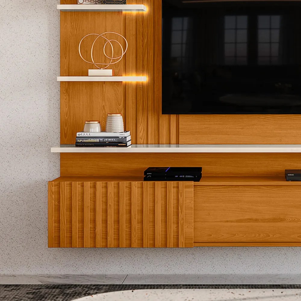 Painel TV 65 Pol 200cm Bancada Suspensa Ripado Mirellin M20 - D'Rossi - Cinamomo e Off White