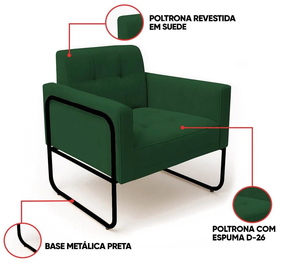 Poltrona Sala Industrial Alta Tubo Preto Elisa Suede D03 - D'Rossi - Verde