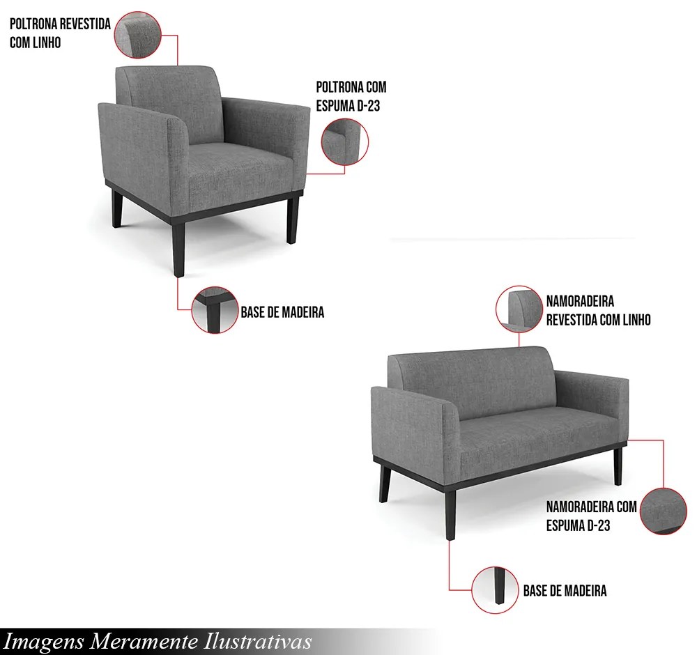 Conjunto 2 Poltronas e 1 Namoradeira Decorativa Isabella Pés Fixo em Madeira Preto Linho Cinza Mesclado G19 - Gran Belo