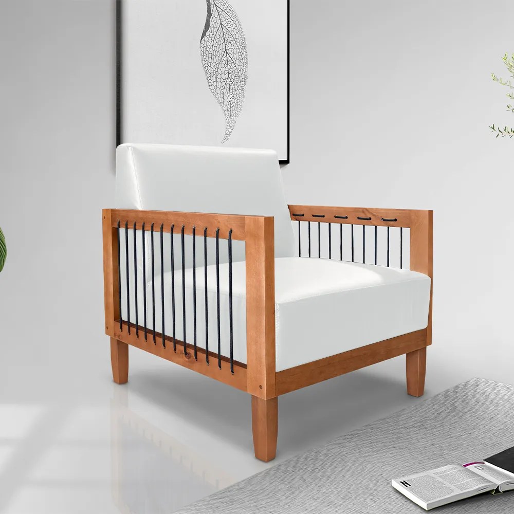 Poltrona Sala de Estar Pés Madeira Maciça Corda Náutica Preta 75cm Manila PU Branco G63 - Gran Belo