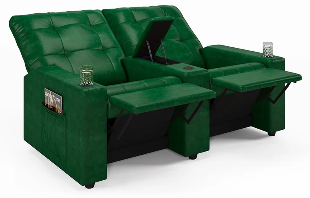 Poltrona do Papai Reclinável Sala de Cinema Movie 2 Lugares Manual Baú USB PU Verde Musgo G23