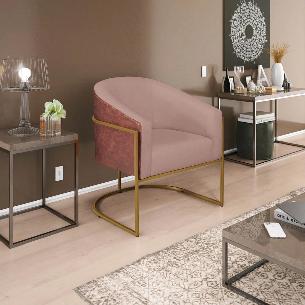 Kit 02 Poltronas Luiza Base de Ferro Dourado Corano Nozes e Linho Rosê - ADJ Decor